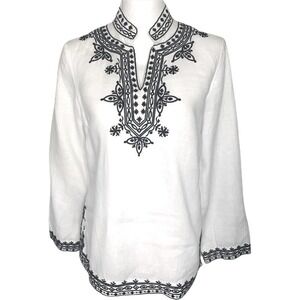 ecologie Boho Tunic Linen Cotton Embroidered White Black Women Small 100% Linen